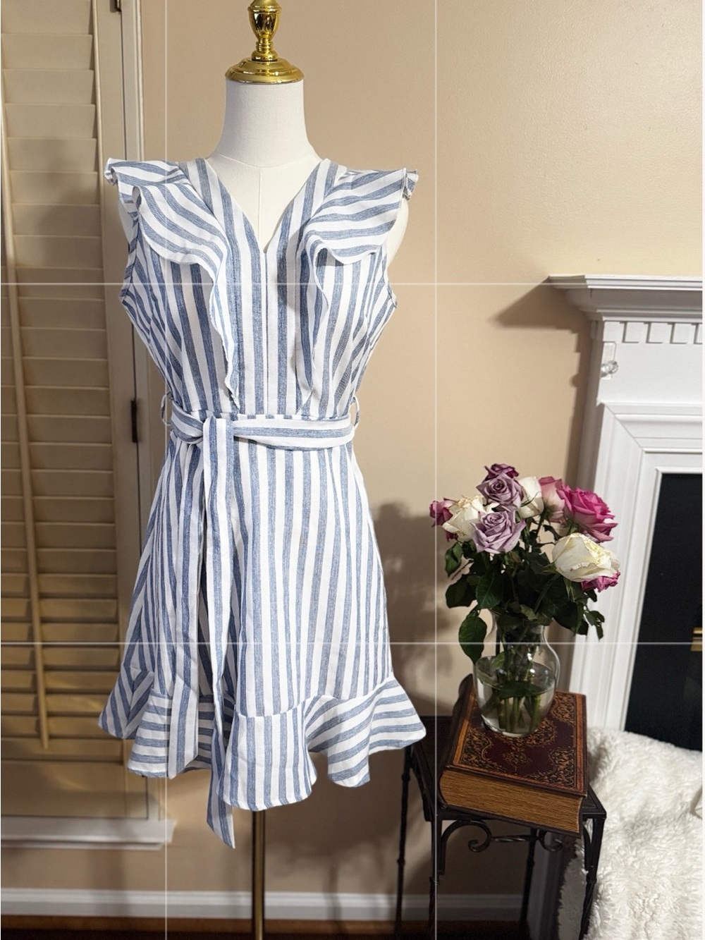 She + Sky Blue and White Striped Ruffle Mini Dress